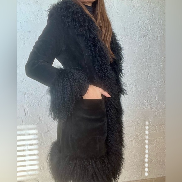 Vintage Mongolian lamb fur trim suede coat - Picture 5 of 5